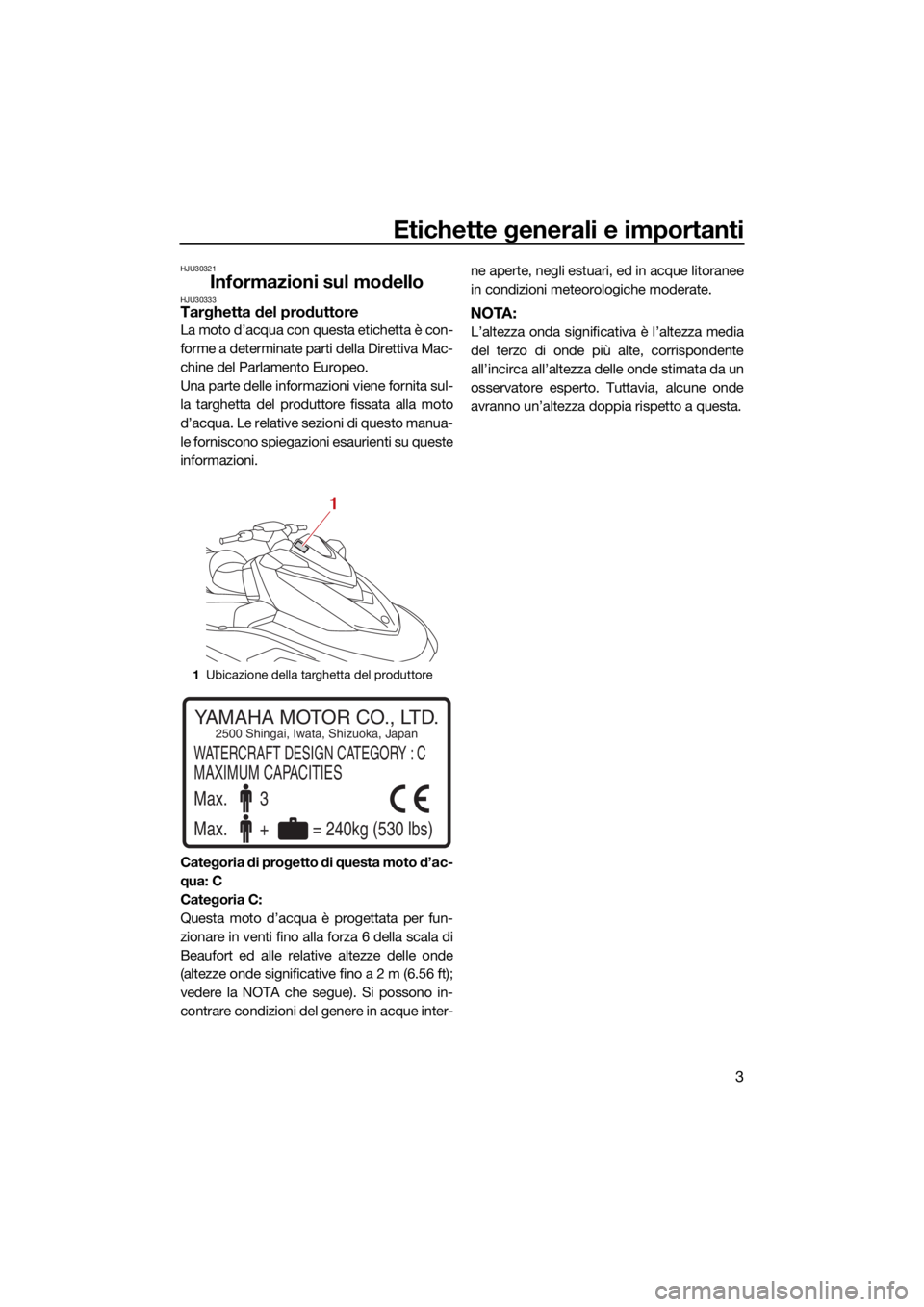 YAMAHA VX CRUISER 2021 Manuale duso (in Italian) Etichette generali e importanti
3
HJU30321
Informazioni sul modelloHJU30333Targhetta del produttore
La moto d’acqua con questa etichetta è con-
forme a determinate parti della Direttiva Mac-
chine YAMAHA VX CRUISER 2021 Manuale duso (in Italian) Etichette generali e importanti
3
HJU30321
Informazioni sul modelloHJU30333Targhetta del produttore
La moto d’acqua con questa etichetta è con-
forme a determinate parti della Direttiva Mac-
chine