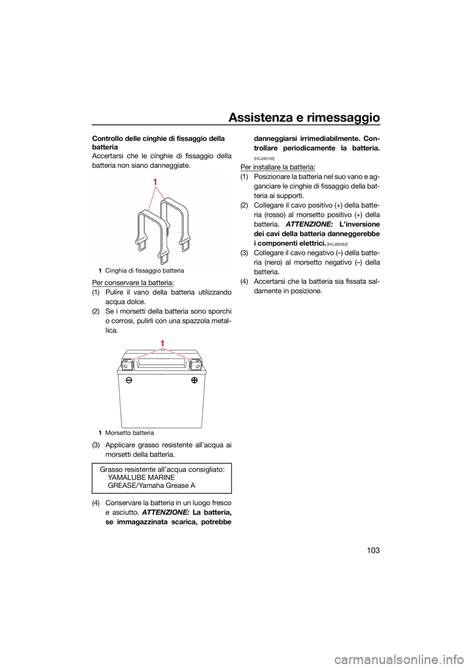 YAMAHA VX 2021  Manuale duso (in Italian) Assistenza e rimessaggio
103
Controllo delle cinghie di fissaggio della 
batteria
Accertarsi che le cinghie di fissaggio della
batteria non siano danneggiate.
Per conservare la batteria:
(1) Pulire il
