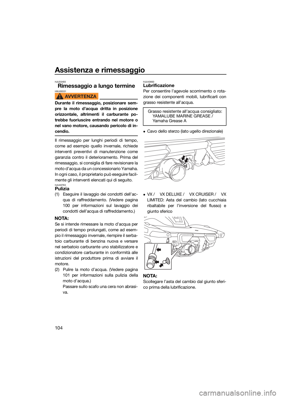 YAMAHA VX 2021  Manuale duso (in Italian) Assistenza e rimessaggio
104
HJU33493
Rimessaggio a lungo termineHWJ00331
Durante il rimessaggio, posizionare sem-
pre la moto d’acqua dritta in posizione
orizzontale, altrimenti il carburante po-
t