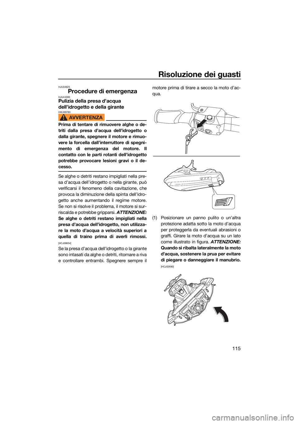 YAMAHA VX 2021  Manuale duso (in Italian) Risoluzione dei guasti
115
HJU34625
Procedure di emergenzaHJU44590Pulizia della presa d’acqua 
dell’idrogetto e della girante
HWJ00783
Prima di tentare di rimuovere alghe o de-
triti dalla presa d
