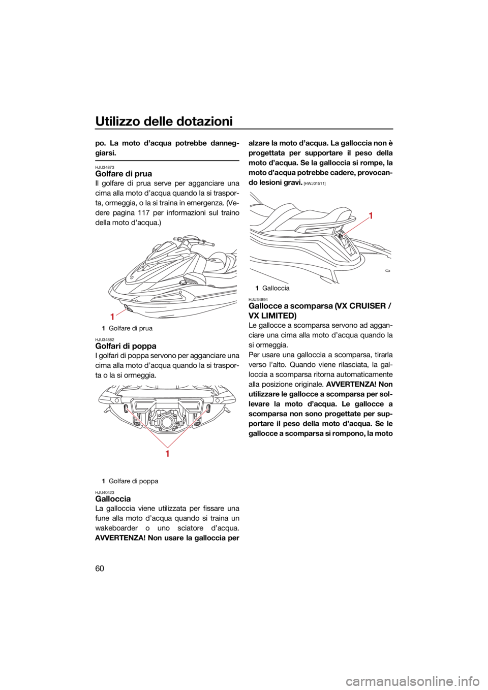 YAMAHA VX 2021  Manuale duso (in Italian) Utilizzo delle dotazioni
60
po. La moto d’acqua potrebbe danneg-
giarsi.
HJU34873Golfare di prua
Il golfare di prua serve per agganciare una
cima alla moto d’acqua quando la si traspor-
ta, ormegg