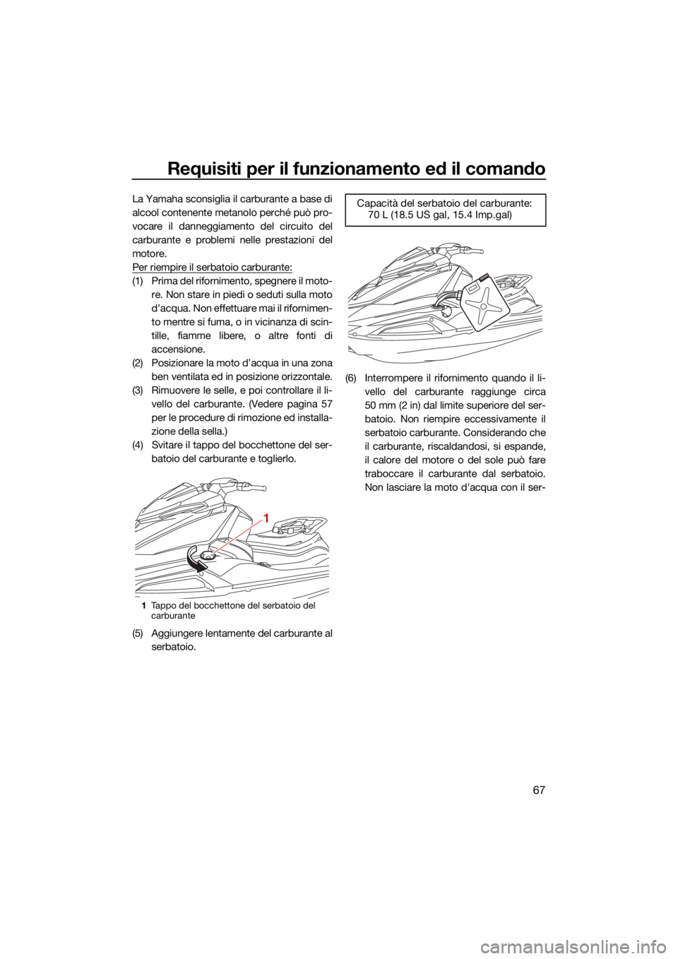 YAMAHA VX 2021  Manuale duso (in Italian) Requisiti per il funzionamento ed il comando
67
La Yamaha sconsiglia il carburante a base di
alcool contenente metanolo perché può pro-
vocare il danneggiamento del circuito del
carburante e problem