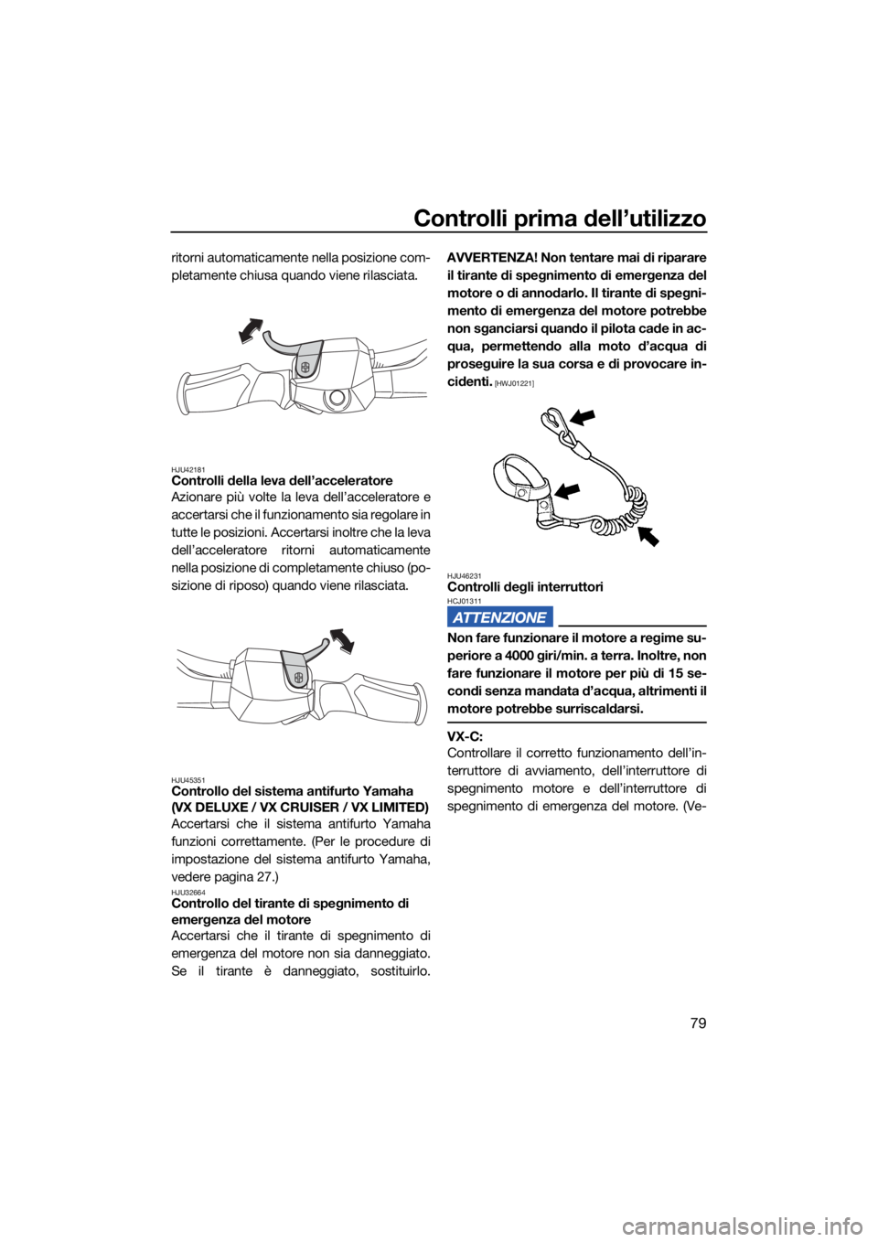YAMAHA VX 2021  Manuale duso (in Italian) Controlli prima dell’utilizzo
79
ritorni automaticamente nella posizione com-
pletamente chiusa quando viene rilasciata.
HJU42181Controlli della leva dell’acceleratore
Azionare più volte la leva 