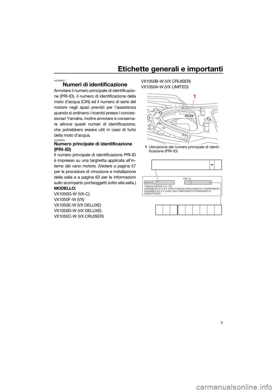 YAMAHA VX 2021 Manuale duso (in Italian) Etichette generali e importanti
1
HJU36452
Numeri di identificazione
Annotare il numero principale di identificazio-
ne (PRI-ID), il numero di identificazione della
moto d’acqua (CIN) ed il numero d YAMAHA VX 2021 Manuale duso (in Italian) Etichette generali e importanti
1
HJU36452
Numeri di identificazione
Annotare il numero principale di identificazio-
ne (PRI-ID), il numero di identificazione della
moto d’acqua (CIN) ed il numero d