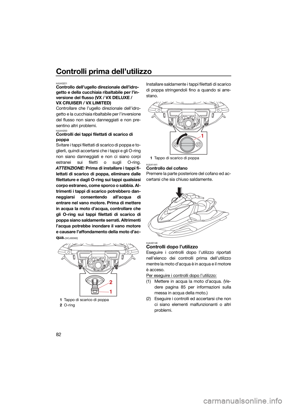 YAMAHA VX 2021  Manuale duso (in Italian) Controlli prima dell’utilizzo
82
HJU43221Controllo dell’ugello direzionale dell’idro-
getto e della cucchiaia ribaltabile per l’in-
versione del flusso (VX / VX DELUXE / 
VX CRUISER / VX LIMIT