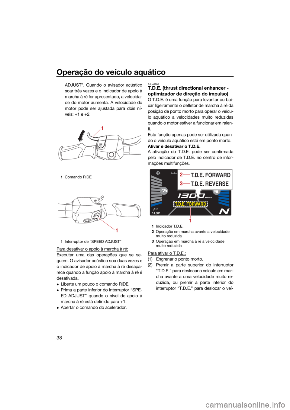 YAMAHA VX 2021  Manual de utilização (in Portuguese) Operação do veículo aquático
38
ADJUST”. Quando o avisador acústico
soar três vezes e o indicador de apoio à
marcha à ré for apresentado, a velocida-
de do motor aumenta. A velocidade do
mo