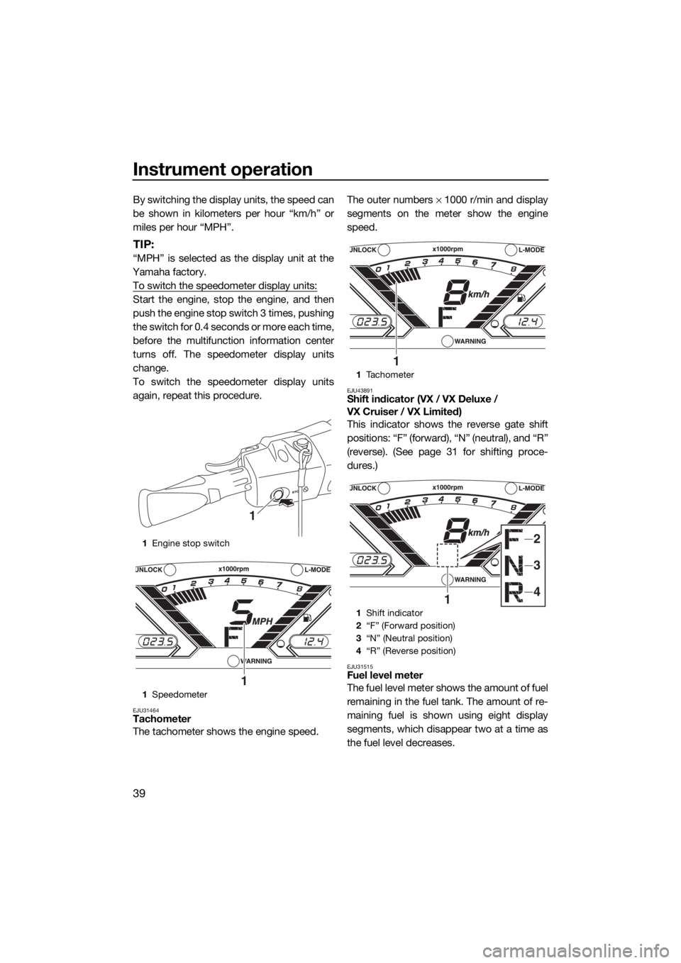 YAMAHA VX CRUISER 2020  Owners Manual Instrument operation
39
By switching the display units, the speed can
be shown in kilometers per hour “km/h” or
miles per hour “MPH”.
TIP:
“MPH” is selected as the display unit at the
Yama