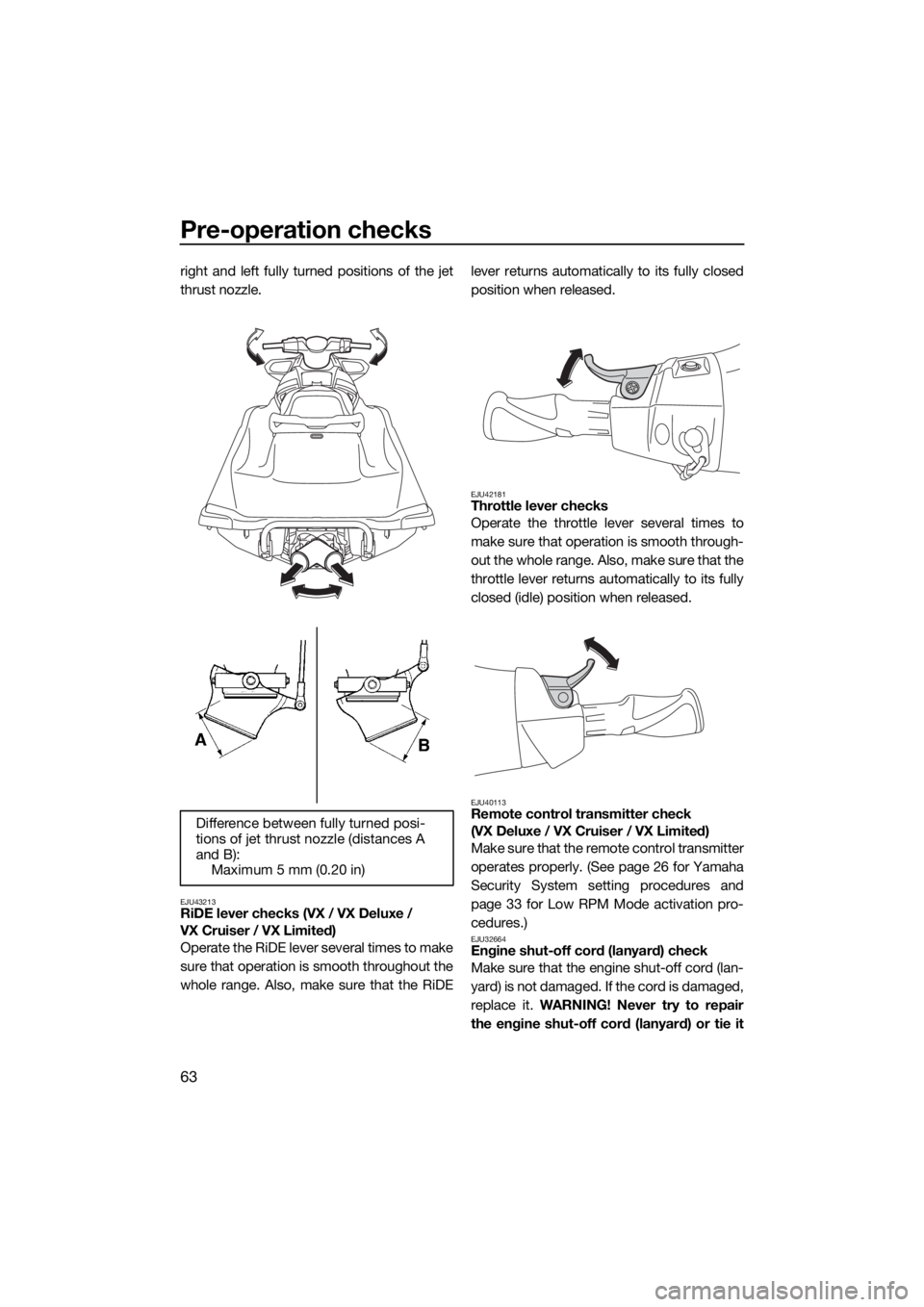 YAMAHA VX CRUISER 2020  Owners Manual Pre-operation checks
63
right and left fully turned positions of the jet
thrust nozzle.
EJU43213RiDE lever checks (VX / VX Deluxe / 
VX Cruiser / VX Limited)
Operate the RiDE lever several times to ma