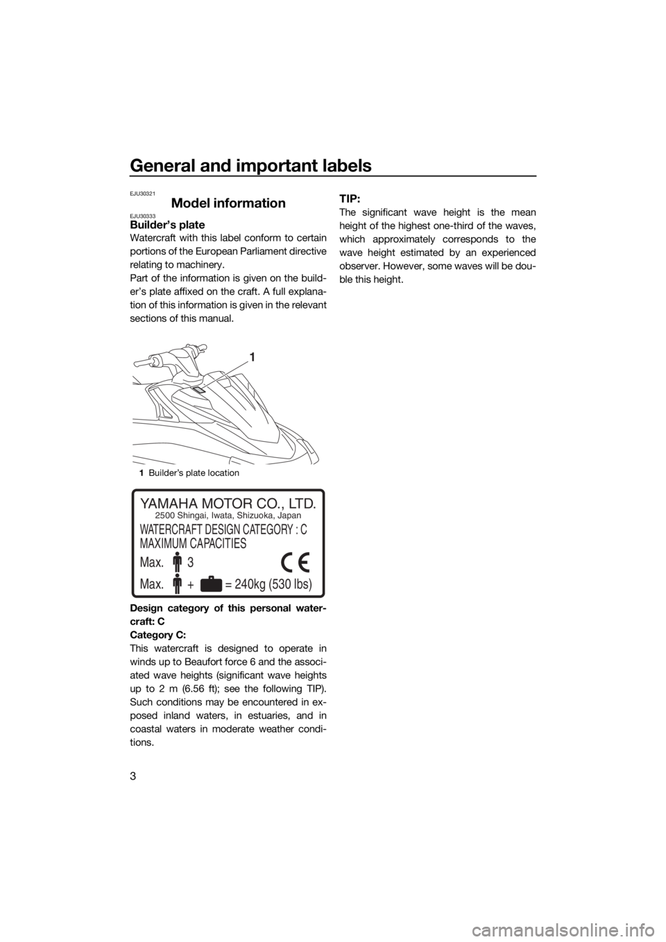 YAMAHA VX CRUISER 2020  Owners Manual General and important labels
3
EJU30321
Model informationEJU30333Builder’s plate
Watercraft with this label conform to certain
portions of the European Parliament directive
relating to machinery.
Pa
