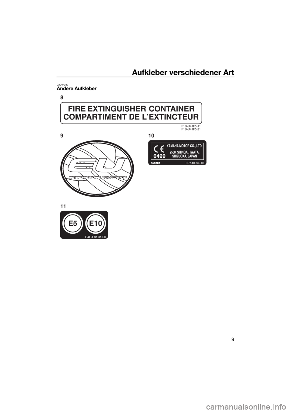 YAMAHA VX-C 2020 Betriebsanleitungen (in German) Aufkleber verschiedener Art
9
GJU44232Andere Aufkleber
F1B-U41F5-11
F1B-U41F5-21
6EY-43394-10
E5
B4F-F817K-00
E10
0499
8
910
11
UF4G74G0.book Page 9 Monday, July 15, 2019 3:24 PM YAMAHA VX-C 2020 Betriebsanleitungen (in German) Aufkleber verschiedener Art
9
GJU44232Andere Aufkleber
F1B-U41F5-11
F1B-U41F5-21
6EY-43394-10
E5
B4F-F817K-00
E10
0499
8
910
11
UF4G74G0.book Page 9 Monday, July 15, 2019 3:24 PM