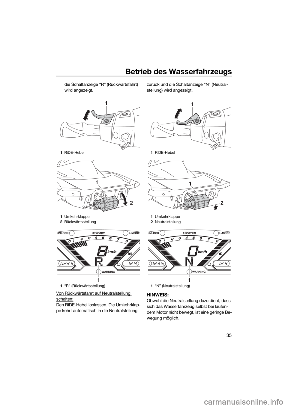 YAMAHA VX LIMITED 2020 Betriebsanleitungen (in German) Betrieb des Wasserfahrzeugs
35
die Schaltanzeige “R” (Rückwärtsfahrt)
wird angezeigt.
Von Rückwärtsfahrt auf Neutralstellung
schalten:
Den RiDE-Hebel loslassen. Die Umkehrklap-
pe kehrt auto YAMAHA VX LIMITED 2020 Betriebsanleitungen (in German) Betrieb des Wasserfahrzeugs
35
die Schaltanzeige “R” (Rückwärtsfahrt)
wird angezeigt.
Von Rückwärtsfahrt auf Neutralstellung
schalten:
Den RiDE-Hebel loslassen. Die Umkehrklap-
pe kehrt auto