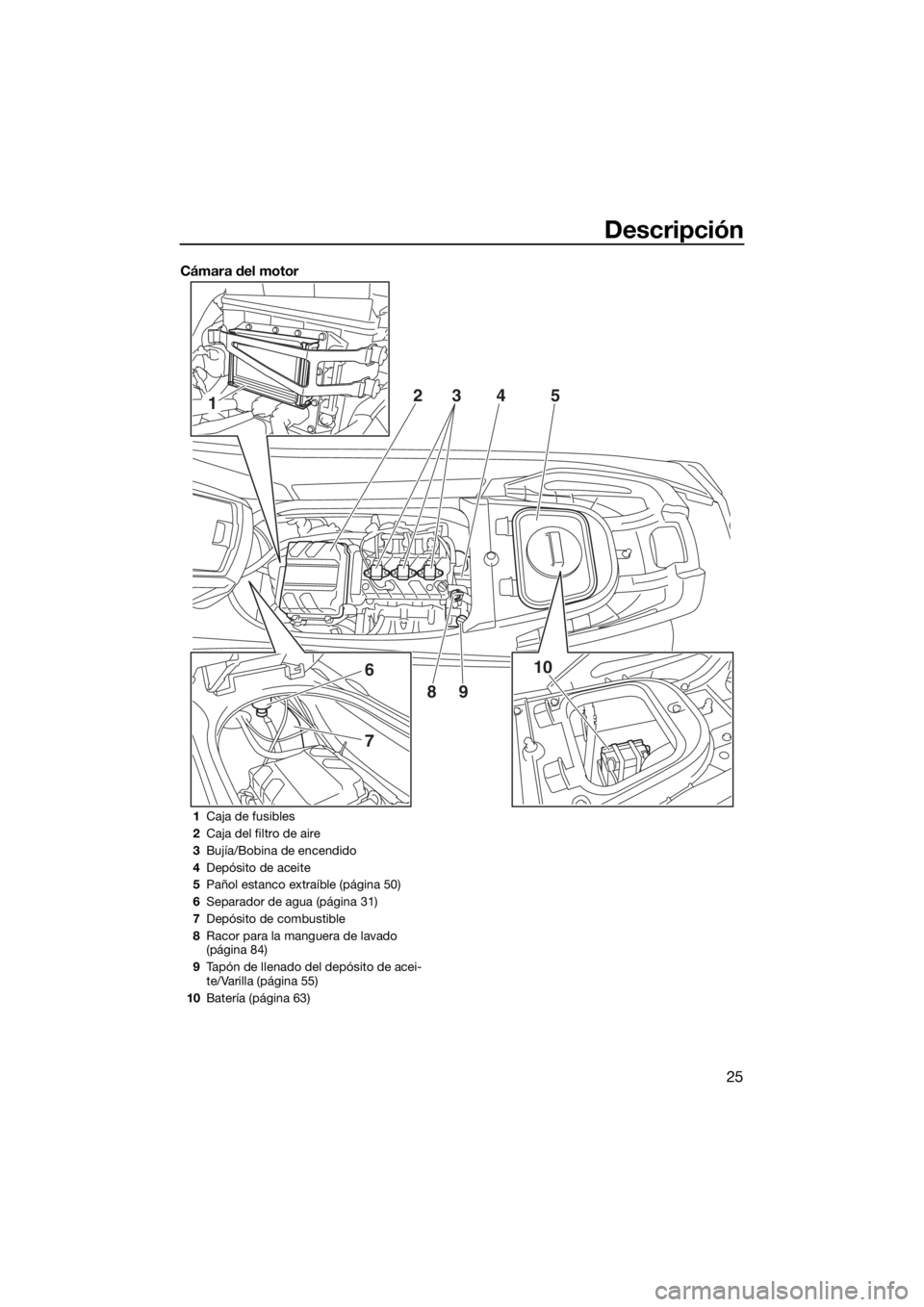 YAMAHA VX CRUISER 2020  Manuale de Empleo (in Spanish) Descripción
25
Cámara del motor
1
6
7
10 2
345
89
1Caja de fusibles
2Caja del filtro de aire
3Bujía/Bobina de encendido
4Depósito de aceite
5Pañol estanco extraíble (página 50)
6Separador de ag