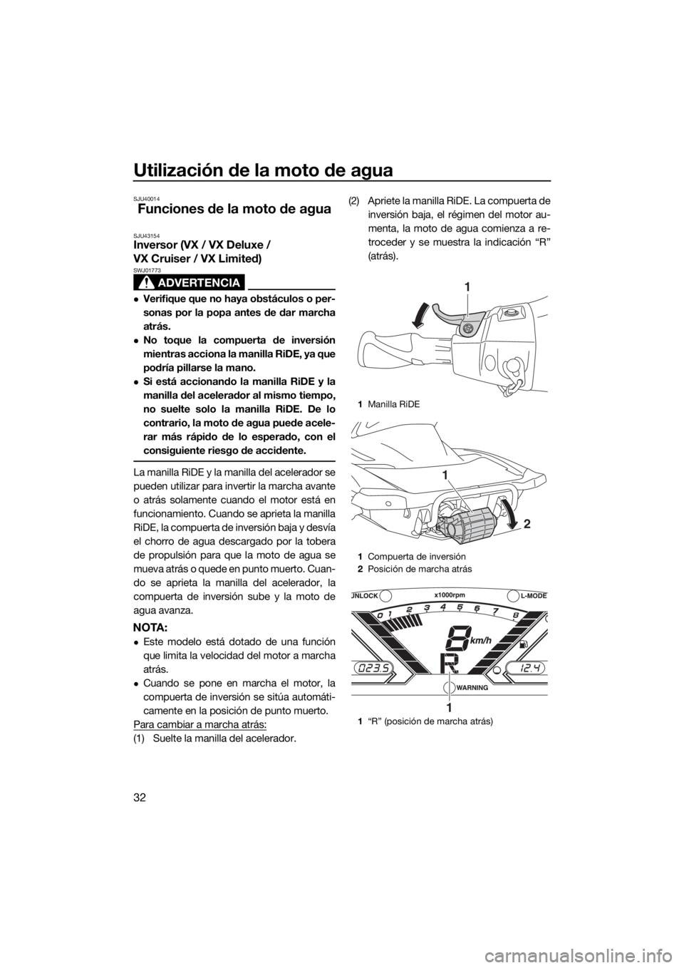 YAMAHA VX 2020  Manuale de Empleo (in Spanish) Utilización de la moto de agua
32
SJU40014
Funciones de la moto de agua
SJU43154Inversor (VX / VX Deluxe / 
VX Cruiser / VX Limited)
ADVERTENCIA
SWJ01773
Verifique que no haya obstáculos o per-
s
