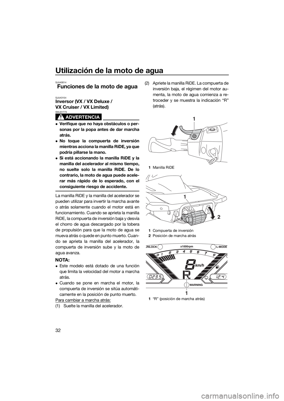 YAMAHA VX CRUISER 2020  Manuale de Empleo (in Spanish) Utilización de la moto de agua
32
SJU40014
Funciones de la moto de agua
SJU43154Inversor (VX / VX Deluxe / 
VX Cruiser / VX Limited)
ADVERTENCIA
SWJ01773
Verifique que no haya obstáculos o per-
s