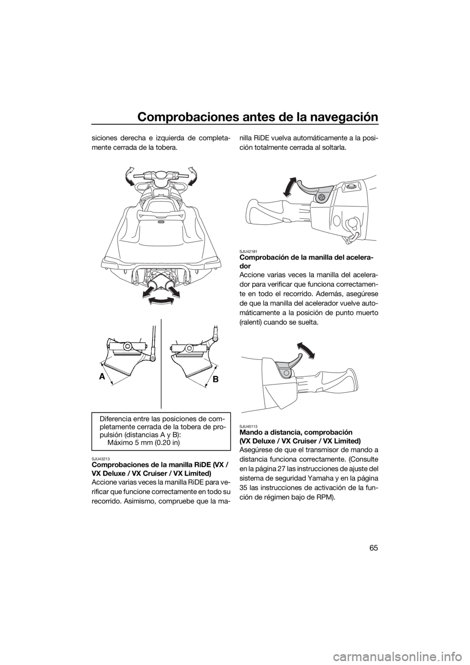 YAMAHA VX 2020  Manuale de Empleo (in Spanish) Comprobaciones antes de la navegación
65
siciones derecha e izquierda de completa-
mente cerrada de la tobera.
SJU43213Comprobaciones de la manilla RiDE (VX / 
VX Deluxe / VX Cruiser / VX Limited)
Ac