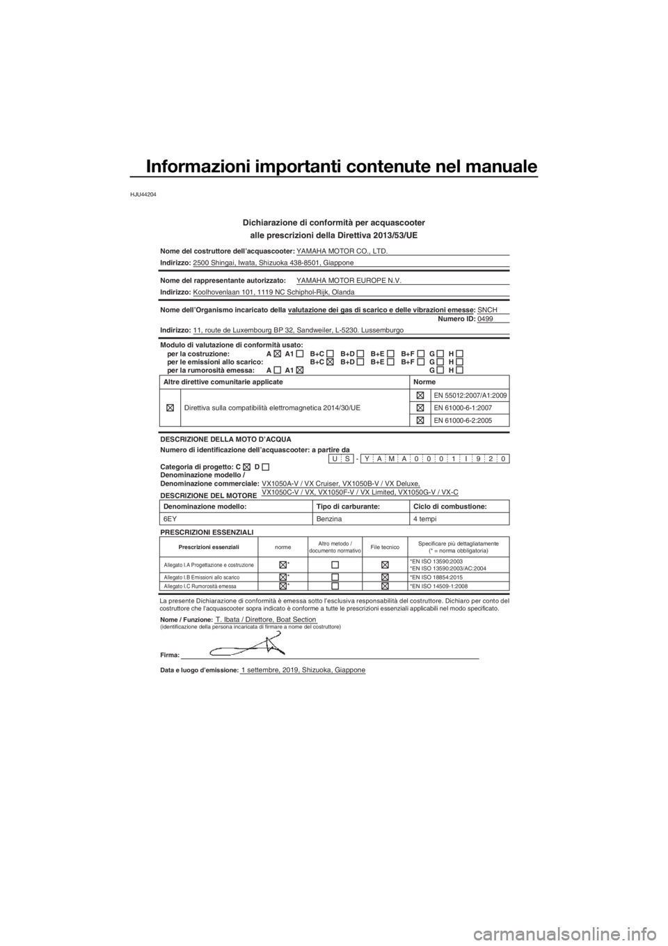 YAMAHA VX-C 2020  Manuale duso (in Italian) Informazioni importanti contenute nel manuale
HJU44204
Dichiarazione di conformità per acquascooter
alle prescrizioni della Direttiva 2013/53/UE
Nome del costruttore dell’acquascooter:YAMAHA MOTOR 