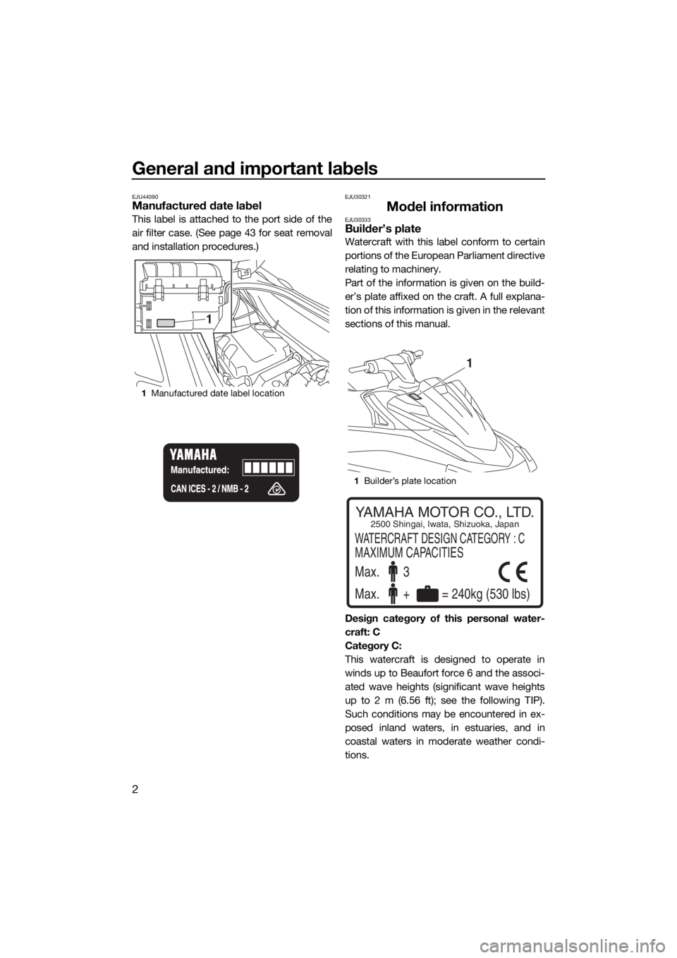 YAMAHA VX 2019  Owners Manual General and important labels
2
EJU44090Manufactured date label
This label is attached to the port side of the
air filter case. (See page 43 for seat removal
and installation procedures.)
EJU30321
Mode