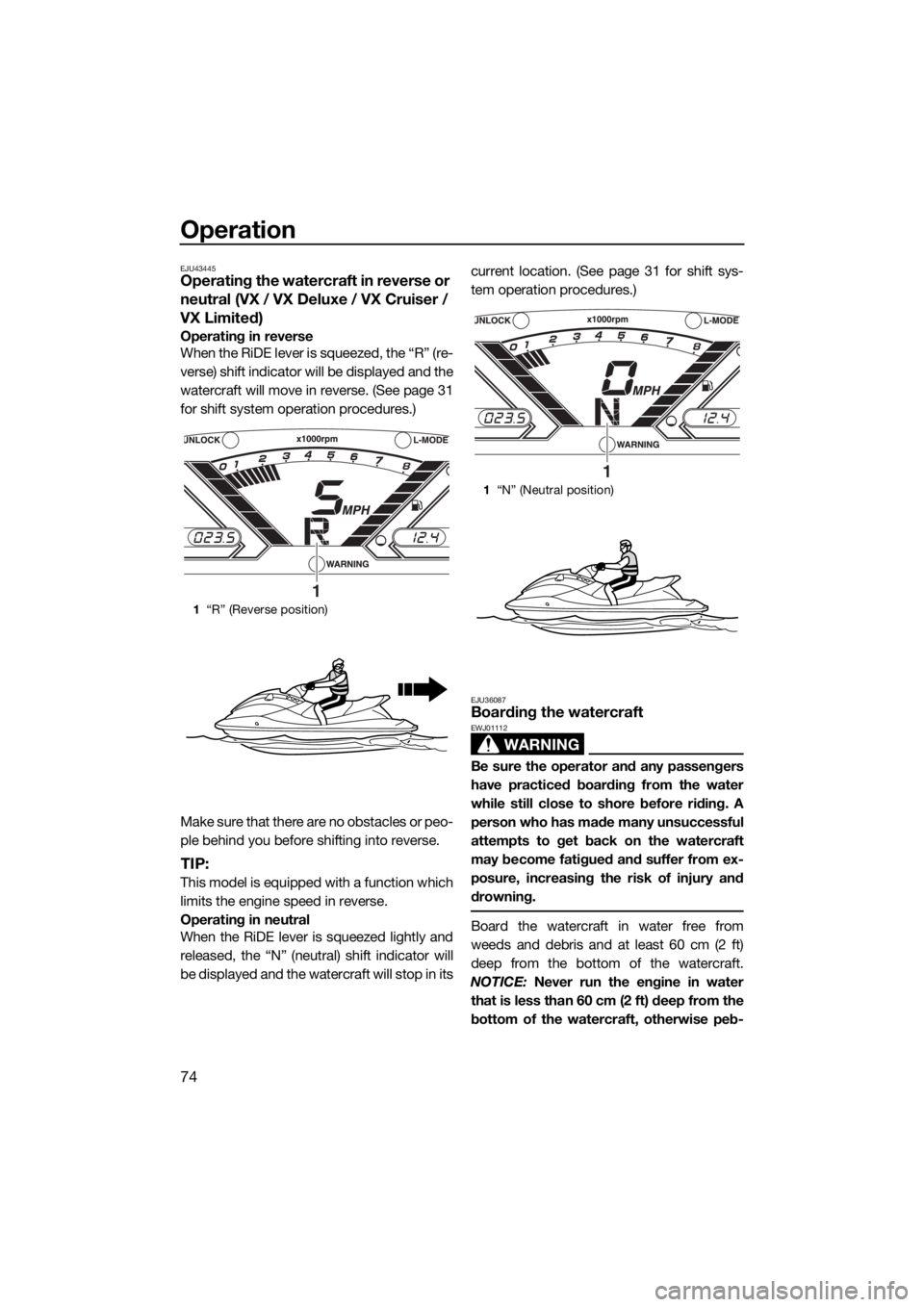 YAMAHA VX 2019  Owners Manual Operation
74
EJU43445Operating the watercraft in reverse or 
neutral (VX / VX Deluxe / VX Cruiser / 
VX Limited)
Operating in reverse
When the RiDE lever is squeezed, the “R” (re-
verse) shift ind