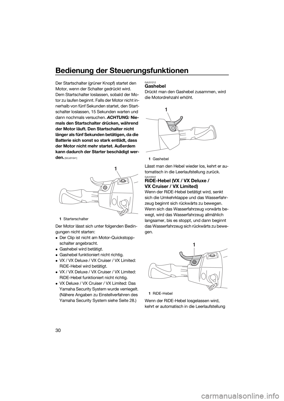 YAMAHA VX LIMITED 2019  Betriebsanleitungen (in German) Bedienung der Steuerungsfunktionen
30
Der Startschalter (grüner Knopf) startet den 
Motor, wenn der Schalter gedrückt wird.
Dem Startschalter loslassen, sobald der Mo-
tor zu laufen beginnt. Falls d