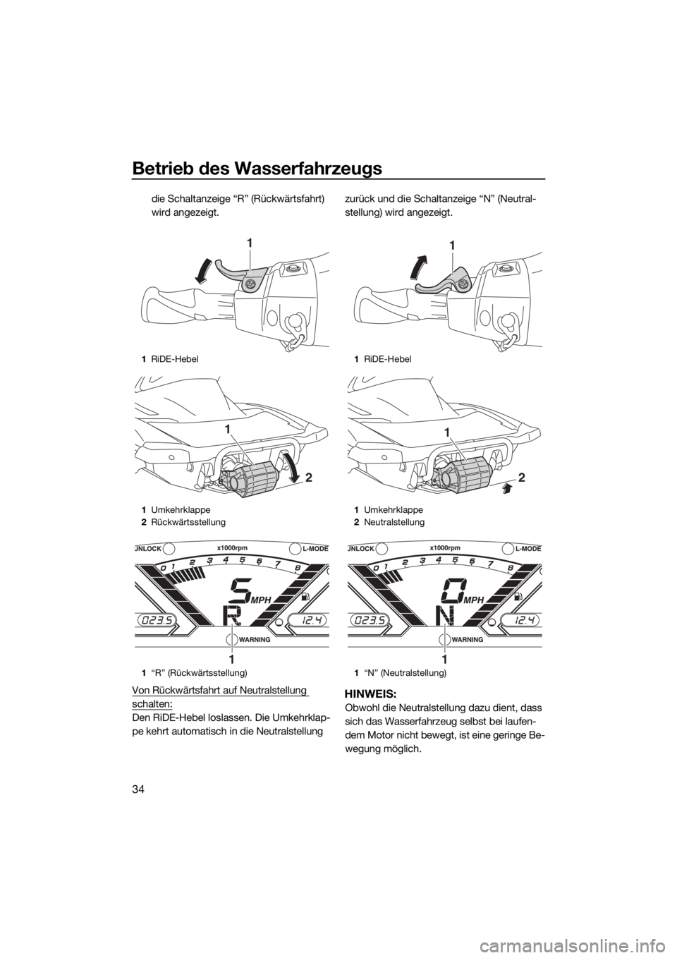 YAMAHA VX LIMITED 2019  Betriebsanleitungen (in German) Betrieb des Wasserfahrzeugs
34
die Schaltanzeige “R” (Rückwärtsfahrt) 
wird angezeigt.
Von Rückwärtsfahrt auf Neutralstellung 
schalten:
Den RiDE-Hebel loslassen. Die Umkehrklap-
pe kehrt auto