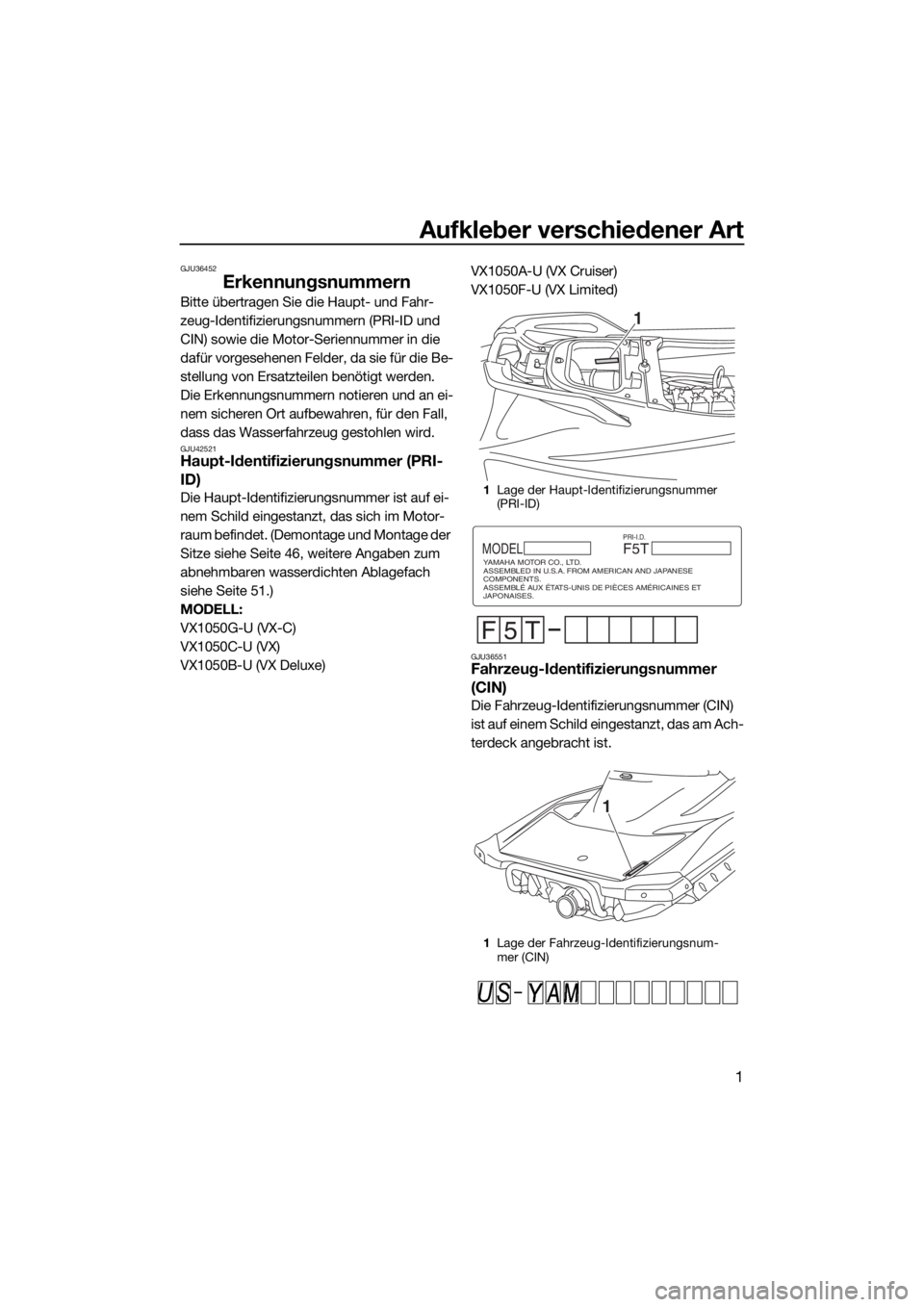 YAMAHA VX 2019 Betriebsanleitungen (in German) Aufkleber verschiedener Art
1
GJU36452
Erkennungsnummern
Bitte übertragen Sie die Haupt- und Fahr-
zeug-Identifizierungsnummern (PRI-ID und
CIN) sowie die Motor-Seriennummer in die
dafür vorgesehe YAMAHA VX 2019 Betriebsanleitungen (in German) Aufkleber verschiedener Art
1
GJU36452
Erkennungsnummern
Bitte übertragen Sie die Haupt- und Fahr-
zeug-Identifizierungsnummern (PRI-ID und
CIN) sowie die Motor-Seriennummer in die
dafür vorgesehe