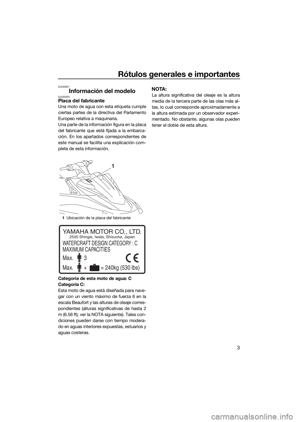 YAMAHA VX 2019  Manuale de Empleo (in Spanish) Rótulos generales e importantes
3
SJU30321
Información del modeloSJU30333Placa del fabricante
Una moto de agua con esta etiqueta cumple
ciertas partes de la directiva del Parlamento
Europeo relativa