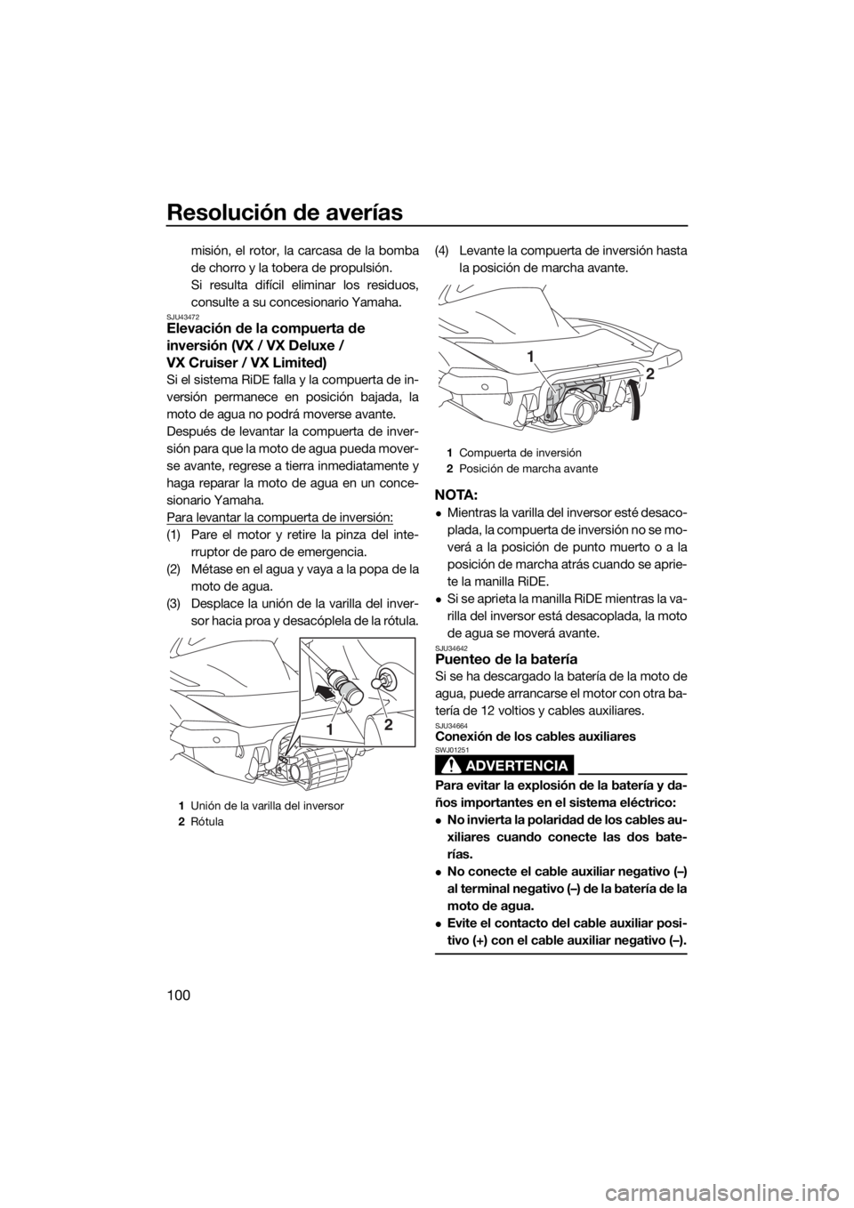 YAMAHA VX 2019 Manuale de Empleo (in Spanish) Resolución de averías
100
misión, el rotor, la carcasa de la bomba
de chorro y la tobera de propulsión.
Si resulta difícil eliminar los residuos,
consulte a su concesionario Yamaha.
SJU43472Eleva YAMAHA VX 2019 Manuale de Empleo (in Spanish) Resolución de averías
100
misión, el rotor, la carcasa de la bomba
de chorro y la tobera de propulsión.
Si resulta difícil eliminar los residuos,
consulte a su concesionario Yamaha.
SJU43472Eleva