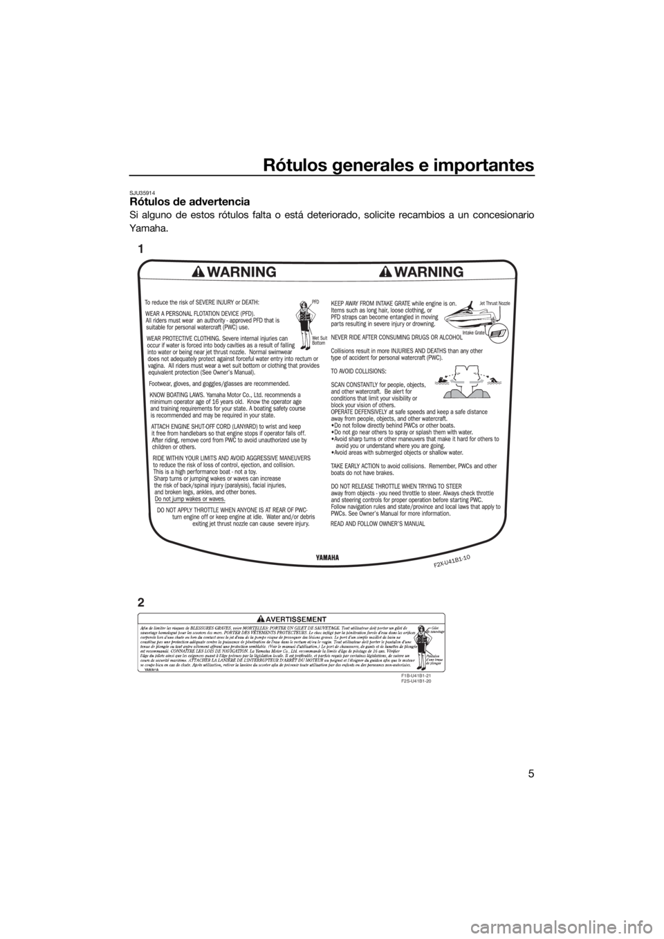 YAMAHA VX 2019  Manuale de Empleo (in Spanish) Rótulos generales e importantes
5
SJU35914Rótulos de advertencia
Si alguno de estos rótulos falta o está deteriorado, solicite recambios a un concesionario
Yamaha.
F1B-U41B1-21
F2S-U41B1-20
1
2
UF