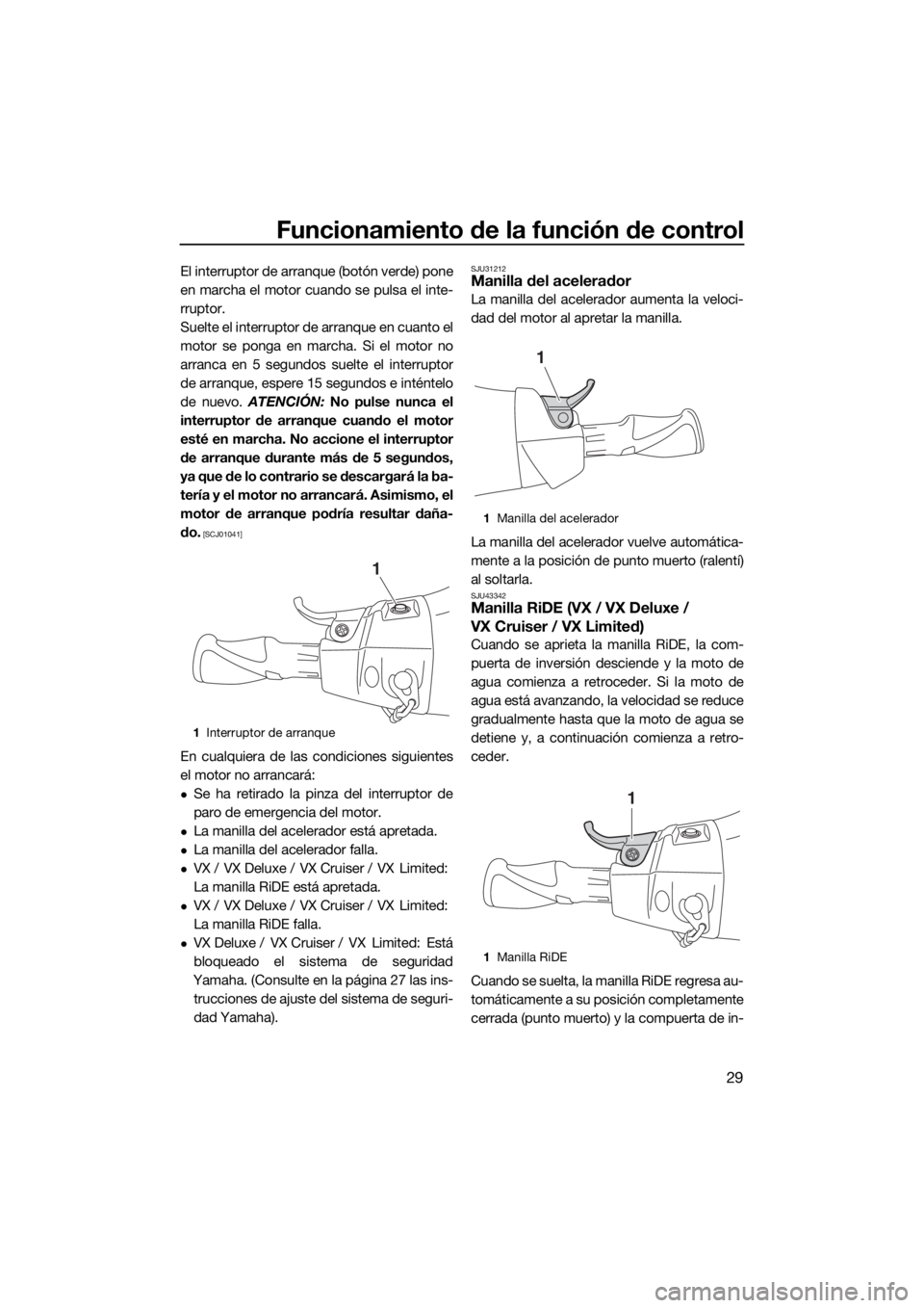 YAMAHA VX LIMITED 2019  Manuale de Empleo (in Spanish) Funcionamiento de la función de control
29
El interruptor de arranque (botón verde) pone
en marcha el motor cuando se pulsa el inte-
rruptor.
Suelte el interruptor de arranque en cuanto el
motor se 