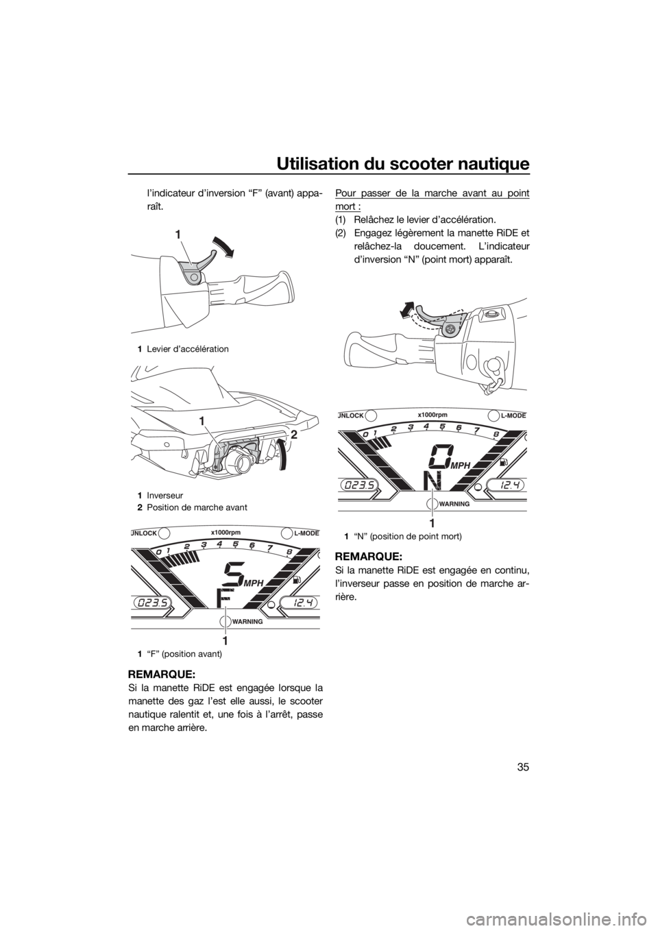 YAMAHA VX 2019 Notices Demploi (in French) Utilisation du scooter nautique
35
l’indicateur d’inversion “F” (avant) appa-
raît.
REMARQUE:
Si la manette RiDE est engagée lorsque la
manette des gaz l’est elle aussi, le scooter
nautiqu YAMAHA VX 2019 Notices Demploi (in French) Utilisation du scooter nautique
35
l’indicateur d’inversion “F” (avant) appa-
raît.
REMARQUE:
Si la manette RiDE est engagée lorsque la
manette des gaz l’est elle aussi, le scooter
nautiqu