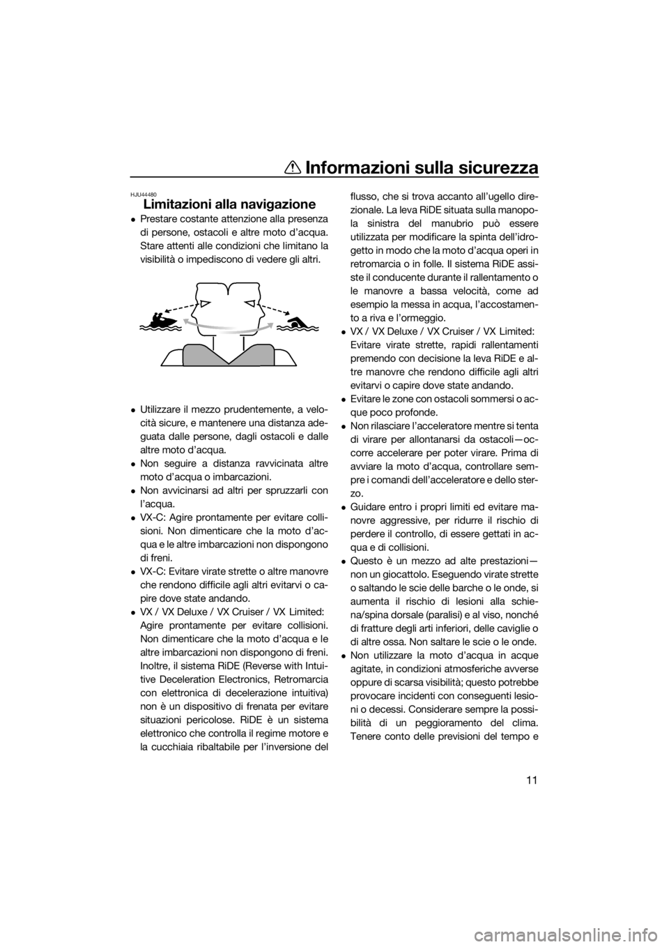 YAMAHA VX LIMITED 2019  Manuale duso (in Italian) Informazioni sulla sicurezza
11
HJU44480
Limitazioni alla navigazione
Prestare costante attenzione alla presenza
di persone, ostacoli e altre moto d’acqua.
Stare attenti alle condizioni che limit