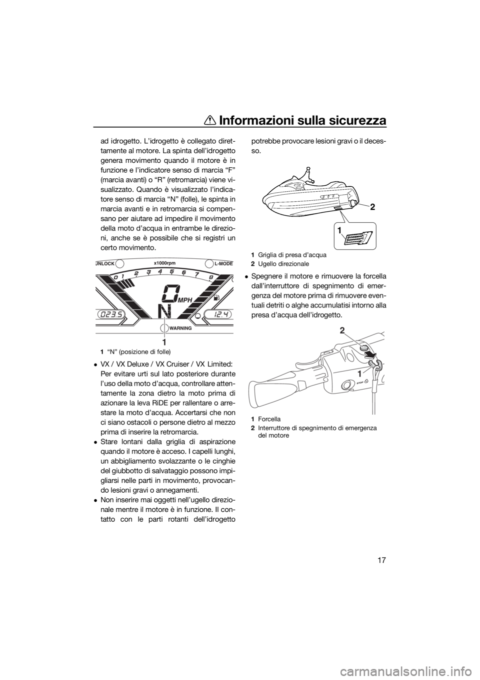 YAMAHA VX 2019  Manuale duso (in Italian) Informazioni sulla sicurezza
17
ad idrogetto. L’idrogetto è collegato diret-
tamente al motore. La spinta dell’idrogetto
genera movimento quando il motore è in
funzione e l’indicatore senso di