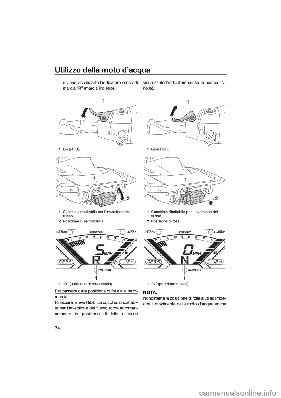 YAMAHA VX 2019  Manuale duso (in Italian) Utilizzo della moto d’acqua
34
e viene visualizzato l’indicatore senso di
marcia “R” (marcia indietro).
Per passare dalla posizione di folle alla retro-
marcia:
Rilasciare la leva RiDE. La cuc