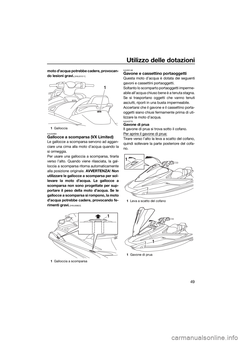 YAMAHA VX 2019  Manuale duso (in Italian) Utilizzo delle dotazioni
49
moto d’acqua potrebbe cadere, provocan-
do lesioni gravi.
 [HWJ01511]
HJU34894
Gallocce a scomparsa (VX Limited)
Le gallocce a scomparsa servono ad aggan-
ciare una cima 