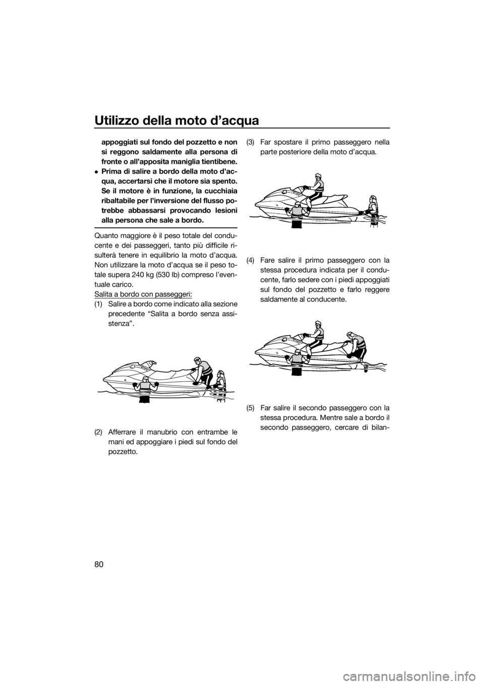 YAMAHA VX 2019  Manuale duso (in Italian) Utilizzo della moto d’acqua
80
appoggiati sul fondo del pozzetto e non
si reggono saldamente alla persona di
fronte o all’apposita maniglia tientibene.
Prima di salire a bordo della moto d’ac