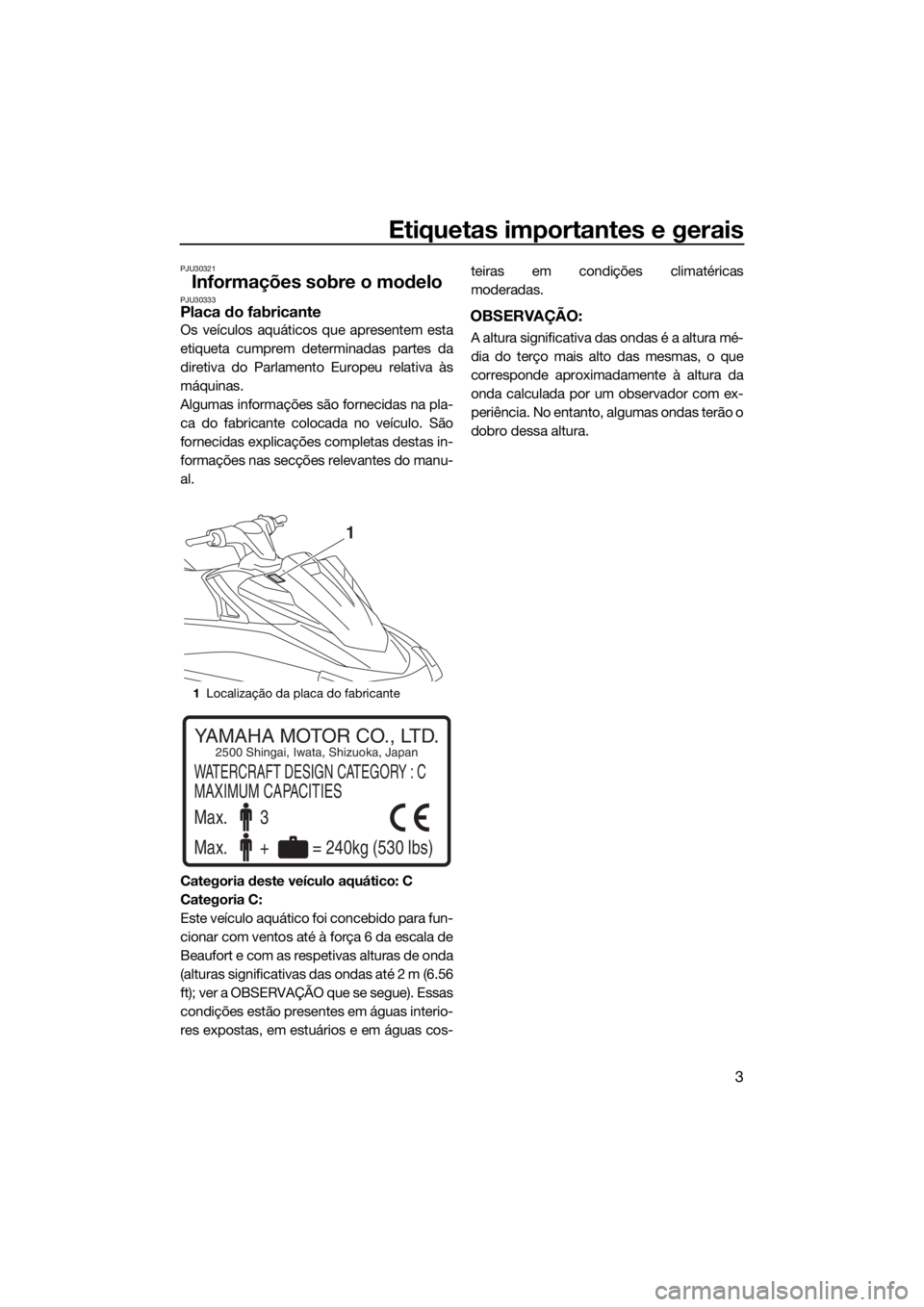 YAMAHA VX 2019  Manual de utilização (in Portuguese) Etiquetas importantes e gerais
3
PJU30321
Informações sobre o modeloPJU30333Placa do fabricante
Os veículos aquáticos que apresentem esta
etiqueta cumprem determinadas partes da
diretiva do Parlam