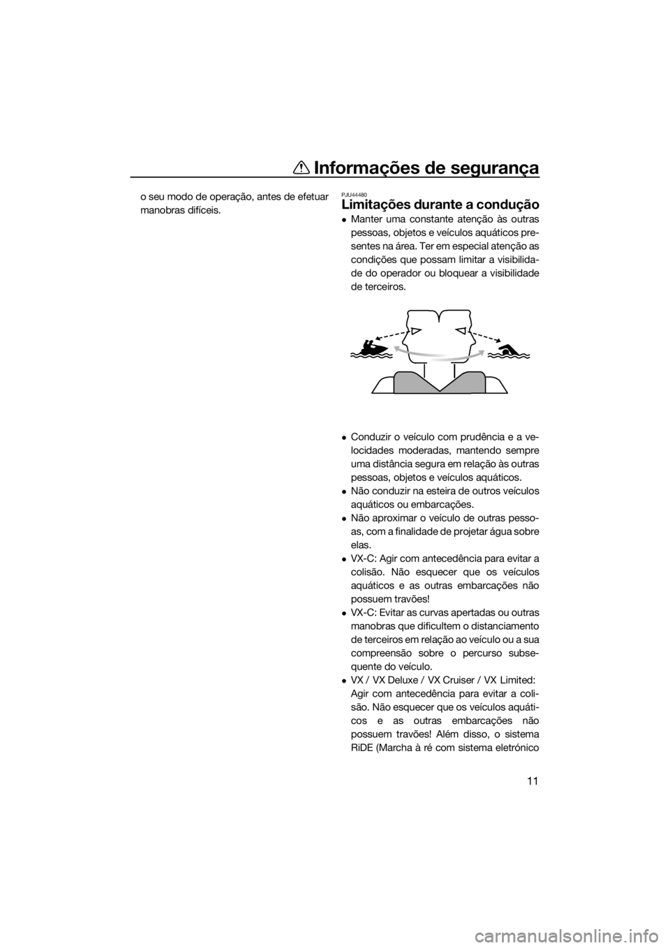 YAMAHA VX-C 2019  Manual de utilização (in Portuguese) Informações de segurança
11
o seu modo de operação, antes de efetuar
manobras difíceis.PJU44480
Limitações durante a condução
Manter uma constante atenção às outras
pessoas, objetos e 