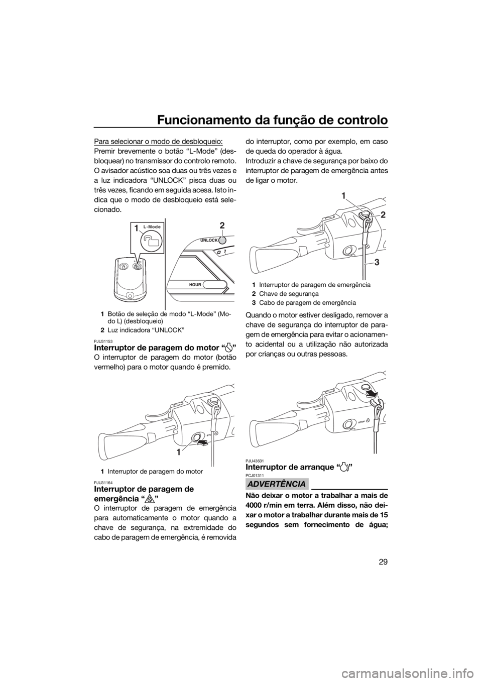 YAMAHA VX-C 2019  Manual de utilização (in Portuguese) Funcionamento da função de controlo
29
Para selecionar o modo de desbloqueio:
Premir brevemente o botão “L-Mode” (des-
bloquear) no transmissor do controlo remoto.
O avisador acústico soa duas