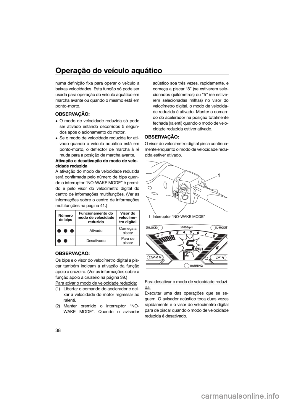 YAMAHA VX-C 2019  Manual de utilização (in Portuguese) Operação do veículo aquático
38
numa definição fixa para operar o veículo a
baixas velocidades. Esta função só pode ser
usada para operação do veículo aquático em
marcha avante ou quando