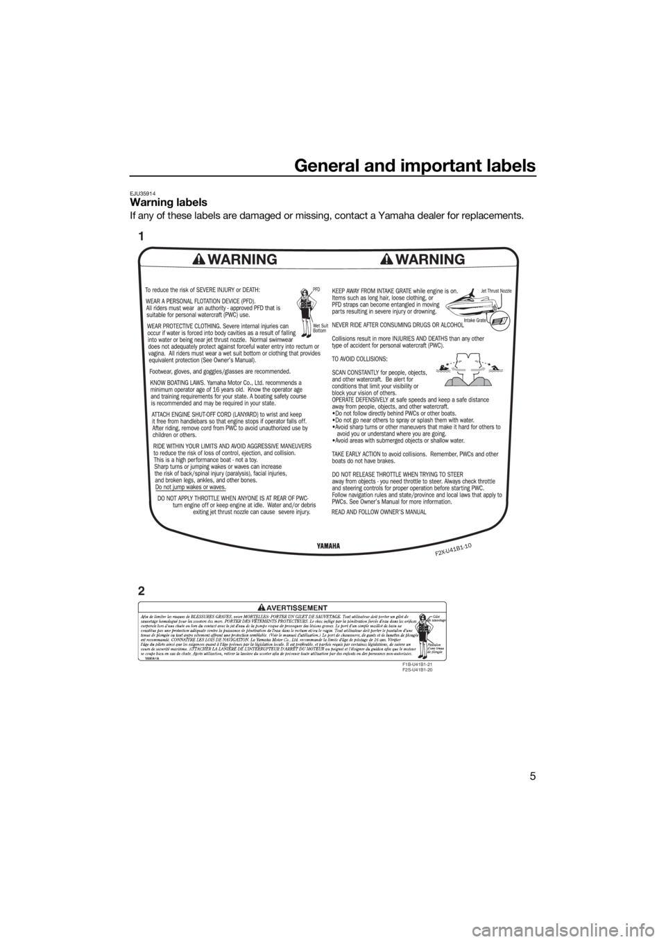 YAMAHA VX DELUXE 2018 User Guide General and important labels
5
EJU35914Warning labels
If any of these labels are damaged or missing, contact a Yamaha dealer for replacements.
F1B-U41B1-21
F2S-U41B1-20
1
2
UF4G72E0.book Page 5 Tues YAMAHA VX DELUXE 2018 User Guide General and important labels
5
EJU35914Warning labels
If any of these labels are damaged or missing, contact a Yamaha dealer for replacements.
F1B-U41B1-21
F2S-U41B1-20
1
2
UF4G72E0.book Page 5 Tues