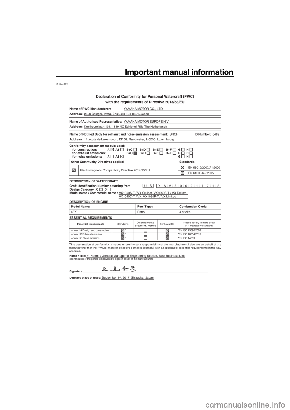 YAMAHA VX 2018 Owners Manual Important manual information
EJU44202
Declaration of Conformity for Personal Watercraft (PWC)
with the requirements of Directive 2013/53/EU
Name of PWC Manufacturer:YAMAHA MOTOR CO., LTD.
Address:2500 YAMAHA VX 2018 Owners Manual Important manual information
EJU44202
Declaration of Conformity for Personal Watercraft (PWC)
with the requirements of Directive 2013/53/EU
Name of PWC Manufacturer:YAMAHA MOTOR CO., LTD.
Address:2500