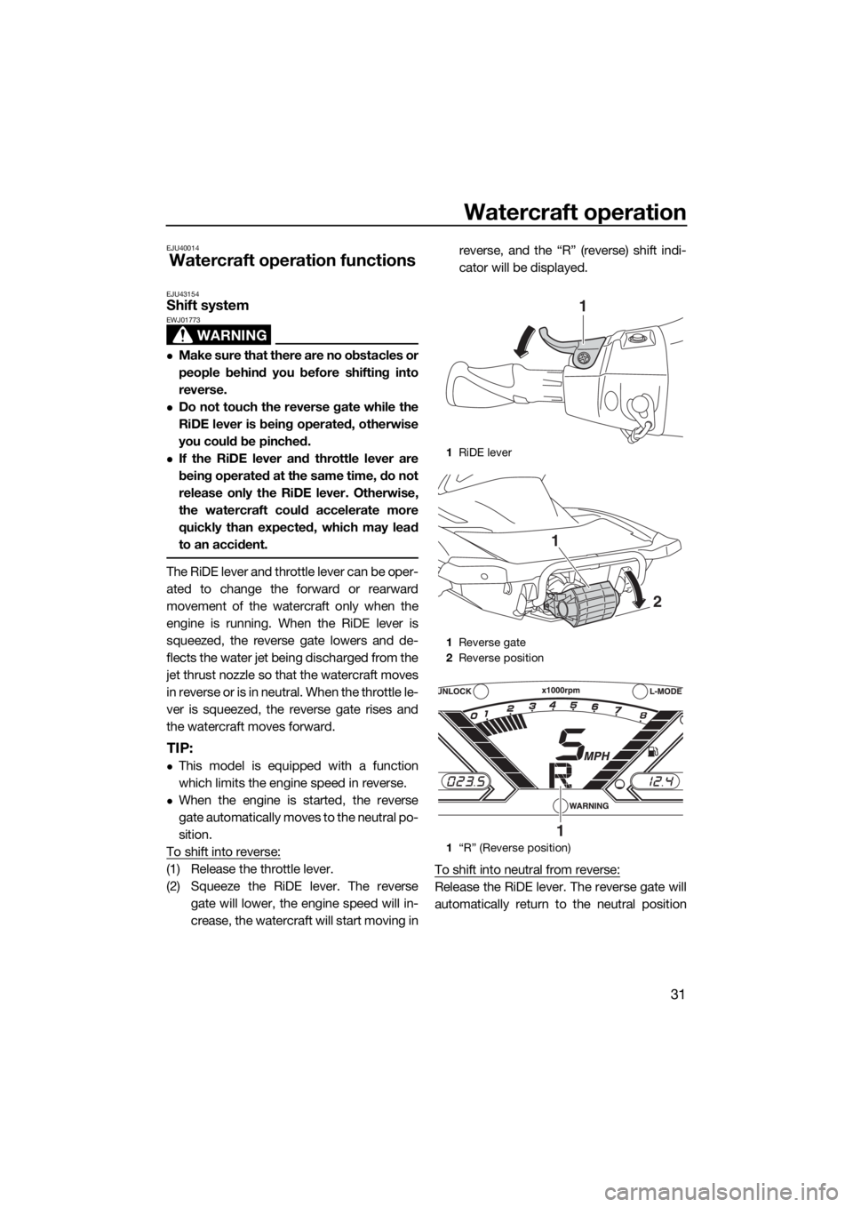 YAMAHA VX 2018 Owners Guide Watercraft operation
31
EJU40014
Watercraft operation functions
EJU43154Shift system 
WARNING
EWJ01773
Make sure that there are no obstacles or
people behind you before shifting into
reverse.
Do