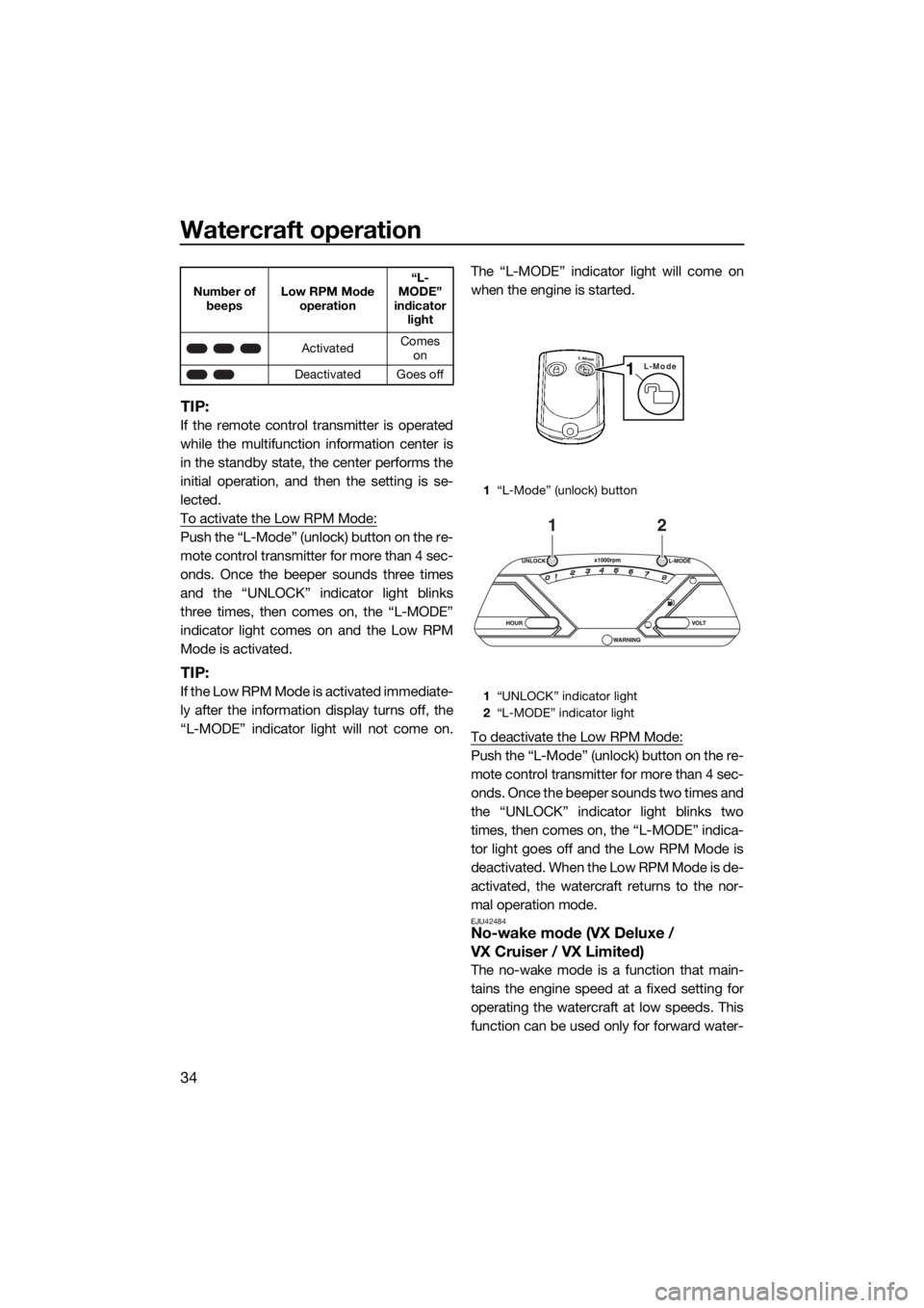 YAMAHA VX 2018  Owners Manual Watercraft operation
34
TIP:
If the remote control transmitter is operated
while the multifunction information center is
in the standby state, the center performs the
initial operation, and then the s