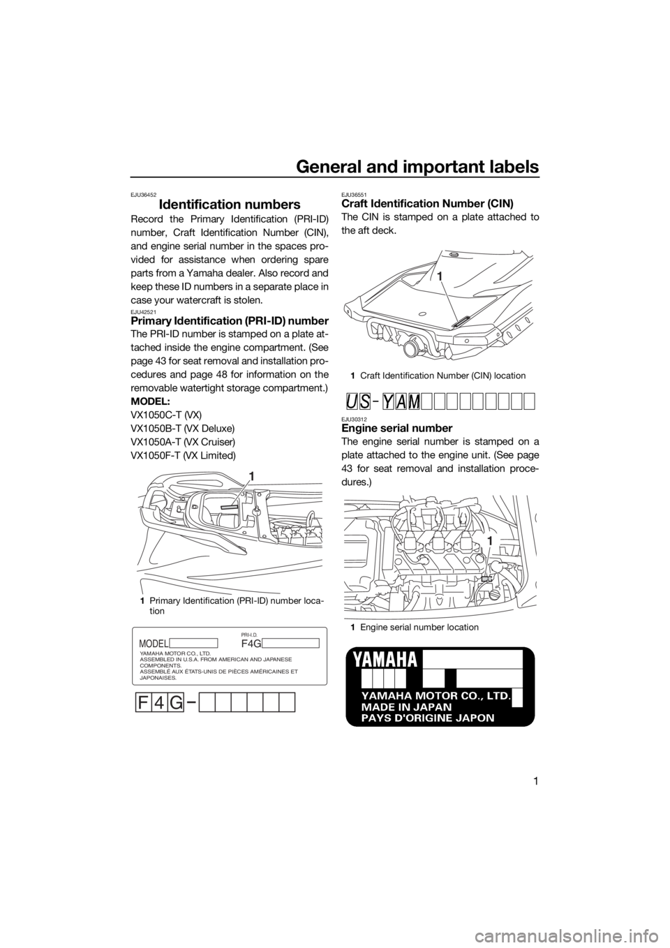 YAMAHA VX 2018 Owners Manual General and important labels
1
EJU36452
Identification numbers
Record the Primary Identification (PRI-ID)
number, Craft Identification Number (CIN),
and engine serial number in the spaces pro-
vided f YAMAHA VX 2018 Owners Manual General and important labels
1
EJU36452
Identification numbers
Record the Primary Identification (PRI-ID)
number, Craft Identification Number (CIN),
and engine serial number in the spaces pro-
vided f