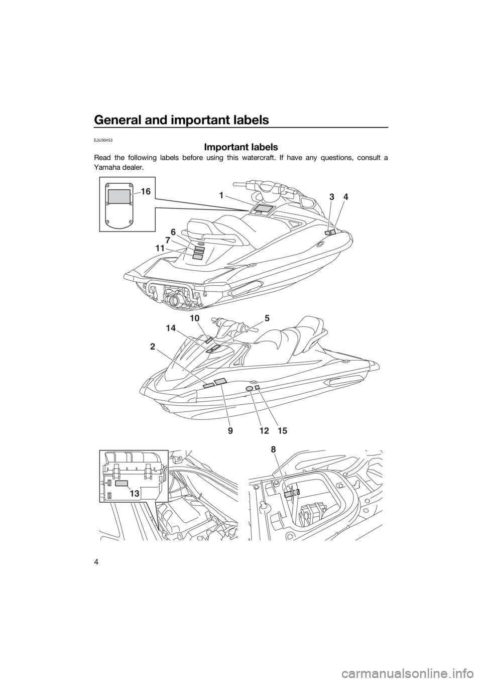 YAMAHA VX 2018 Owners Manual General and important labels
4
EJU30453
Important labels
Read the following labels before using this watercraft. If have any questions, consult a
Yamaha dealer.
2
10
14
1
6
7
11
34
5
91512
16
8
13
UF4 YAMAHA VX 2018 Owners Manual General and important labels
4
EJU30453
Important labels
Read the following labels before using this watercraft. If have any questions, consult a
Yamaha dealer.
2
10
14
1
6
7
11
34
5
91512
16
8
13
UF4