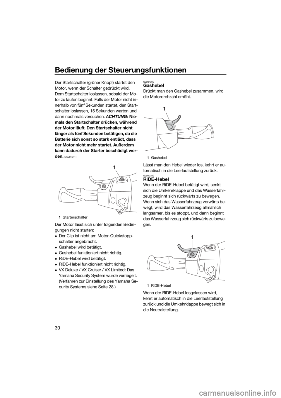 YAMAHA VX 2018  Betriebsanleitungen (in German) Bedienung der Steuerungsfunktionen
30
Der Startschalter (grüner Knopf) startet den 
Motor, wenn der Schalter gedrückt wird.
Dem Startschalter loslassen, sobald der Mo-
tor zu laufen beginnt. Falls d