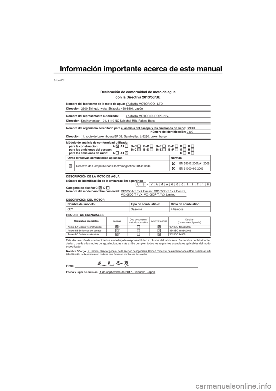 YAMAHA VX DELUXE 2018  Manuale de Empleo (in Spanish) Información importante acerca de este manual
SJU44202
Declaración de conformidad de moto de agua
con la Directiva 2013/53/UE
Nombre del fabricante de la moto de agua:YAMAHA MOTOR CO., LTD.
Direcció