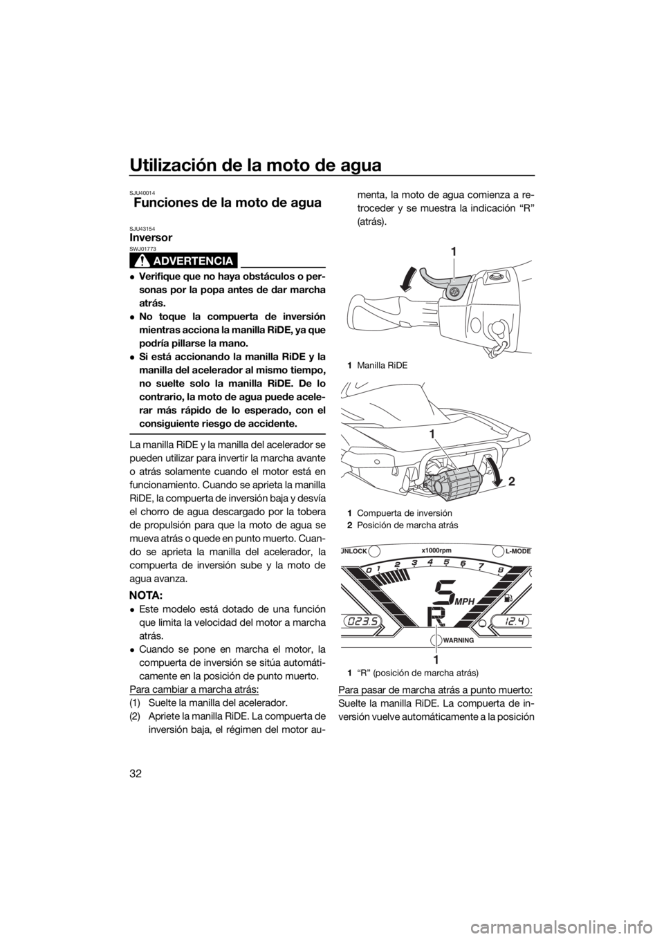 YAMAHA VX 2018 Manuale de Empleo (in Spanish) Utilización de la moto de agua
32
SJU40014
Funciones de la moto de agua
SJU43154Inversor
ADVERTENCIA
SWJ01773
Verifique que no haya obstáculos o per-
sonas por la popa antes de dar marcha
atrás YAMAHA VX 2018 Manuale de Empleo (in Spanish) Utilización de la moto de agua
32
SJU40014
Funciones de la moto de agua
SJU43154Inversor
ADVERTENCIA
SWJ01773
Verifique que no haya obstáculos o per-
sonas por la popa antes de dar marcha
atrás