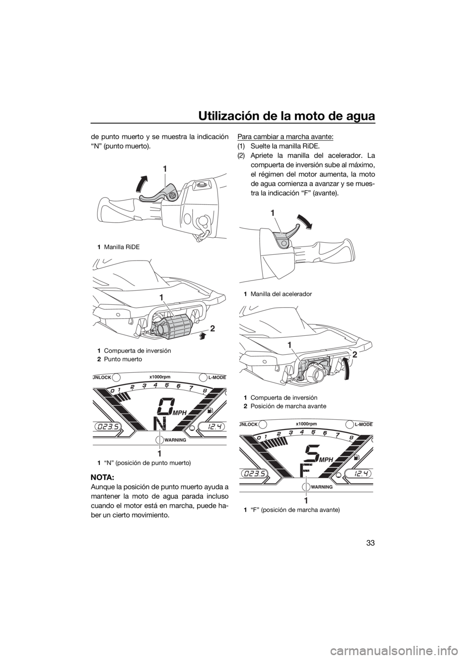 YAMAHA VX 2018  Manuale de Empleo (in Spanish) Utilización de la moto de agua
33
de punto muerto y se muestra la indicación
“N” (punto muerto).
NOTA:
Aunque la posición de punto muerto ayuda a
mantener la moto de agua parada incluso
cuando 