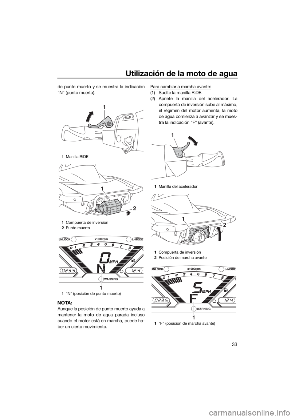 YAMAHA VX DELUXE 2018 Manuale de Empleo (in Spanish) Utilización de la moto de agua
33
de punto muerto y se muestra la indicación
“N” (punto muerto).
NOTA:
Aunque la posición de punto muerto ayuda a
mantener la moto de agua parada incluso
cuando YAMAHA VX DELUXE 2018 Manuale de Empleo (in Spanish) Utilización de la moto de agua
33
de punto muerto y se muestra la indicación
“N” (punto muerto).
NOTA:
Aunque la posición de punto muerto ayuda a
mantener la moto de agua parada incluso
cuando